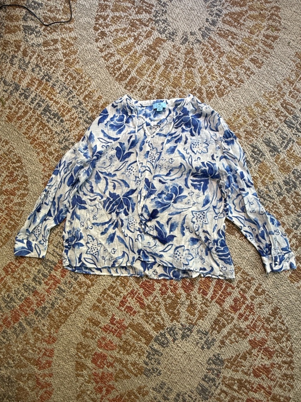 CeCe Blue and White Floral Linen Blouse